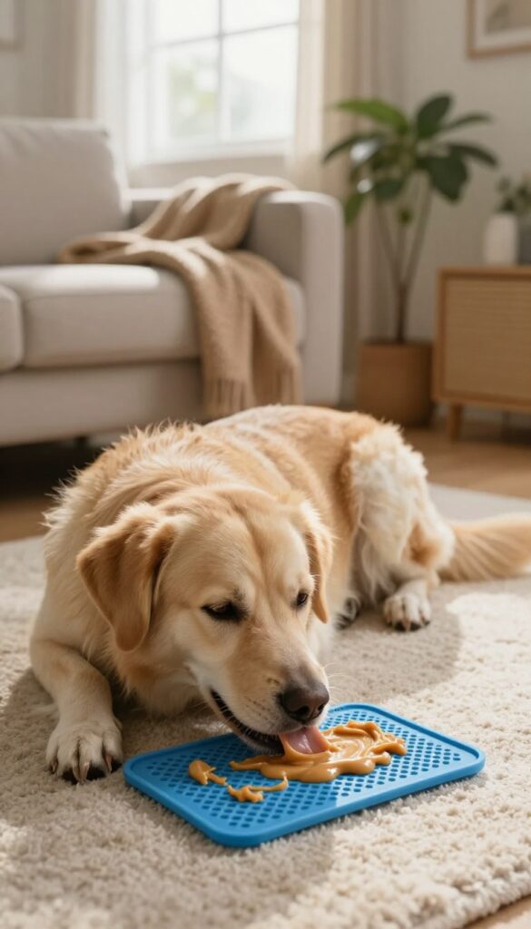A dog calmly licking a peanut butter-filled lick mat on a rug in a cozy living room during a peaceful evening.