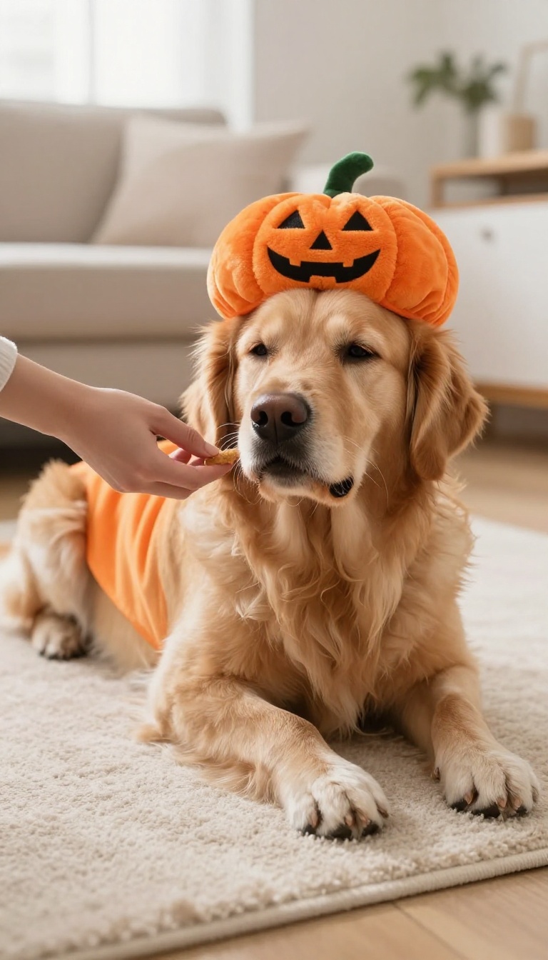 A calm golden retriever wearing a soft Halloween costume lies relaxed on a rug, receiving a treat from a person's hand, in a bright living room.