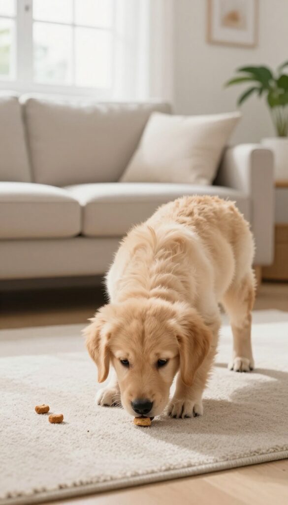 Puppy playing the find it nose game in a bright living room