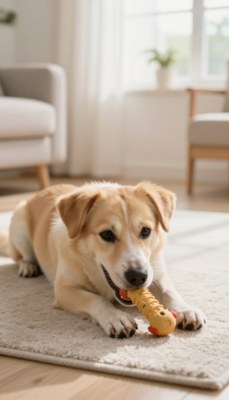 A dog happily chewing on a durable rubber toy in a bright living room, illustrating a non-food reward for training.