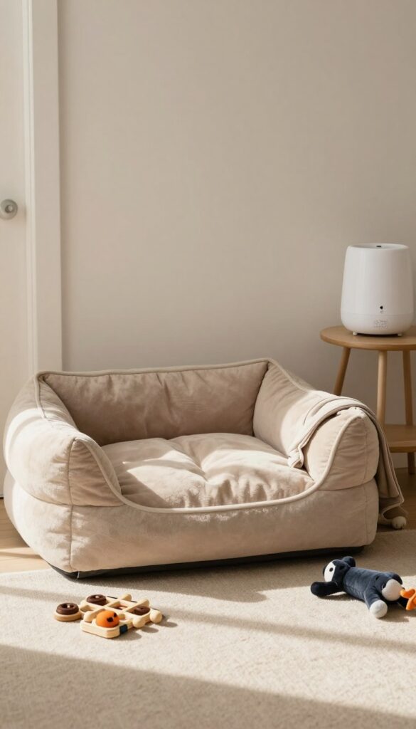 A cozy quiet zone for a dog with a plush bed, toys, and a treat puzzle, set in a calm room with natural light.