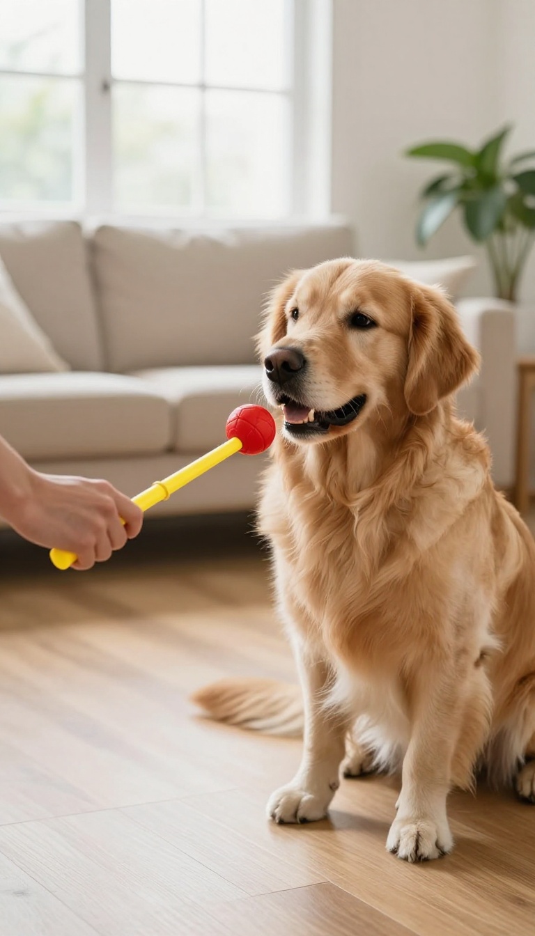 A dog touching a target stick with its nose in a bright living room, illustrating targeting to redirect behaviors.