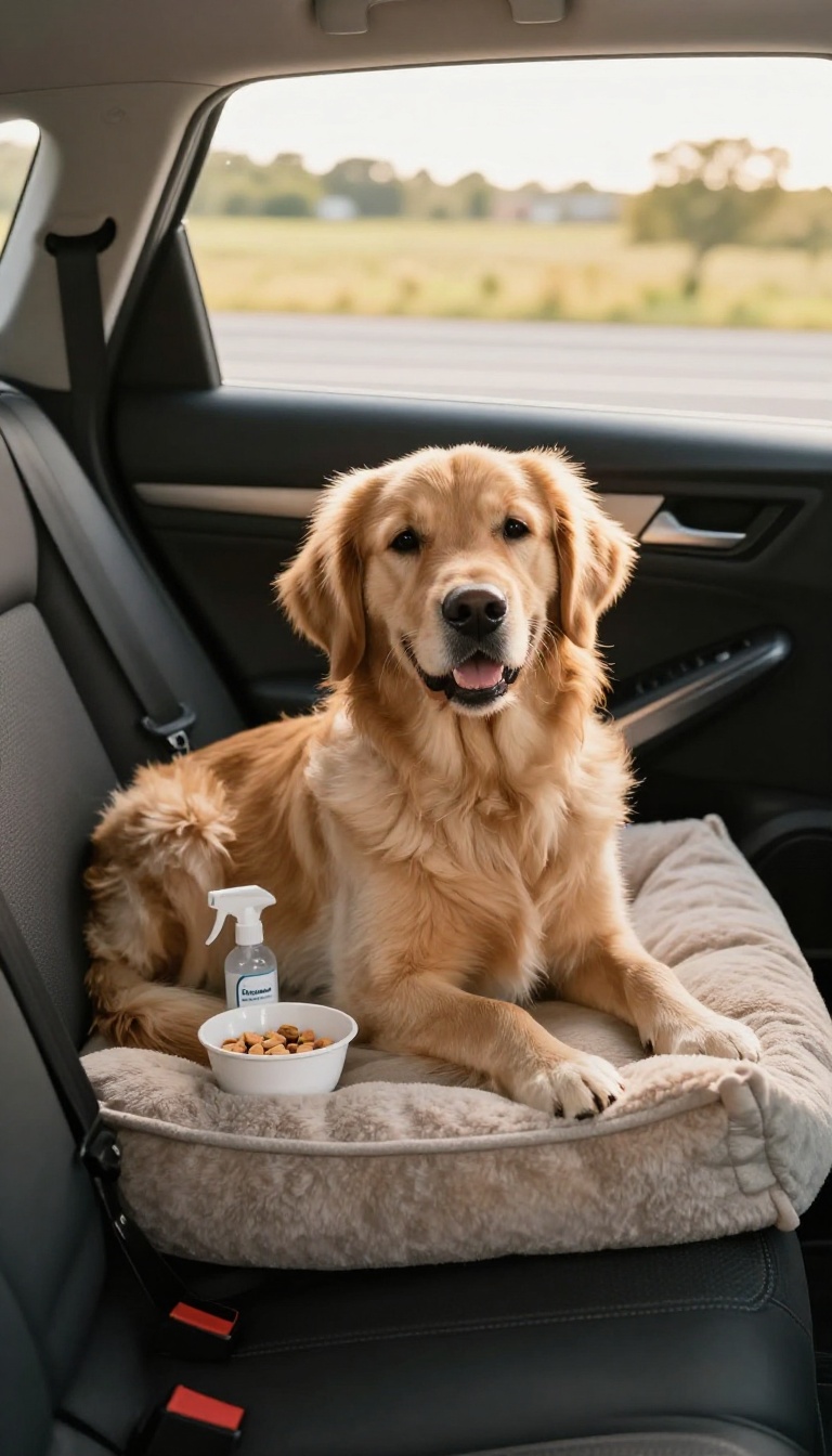 A calm golden retriever sitting comfortably in a car's back seat with calming aids like treats and a pheromone spray nearby, ready for a relaxed road trip.
