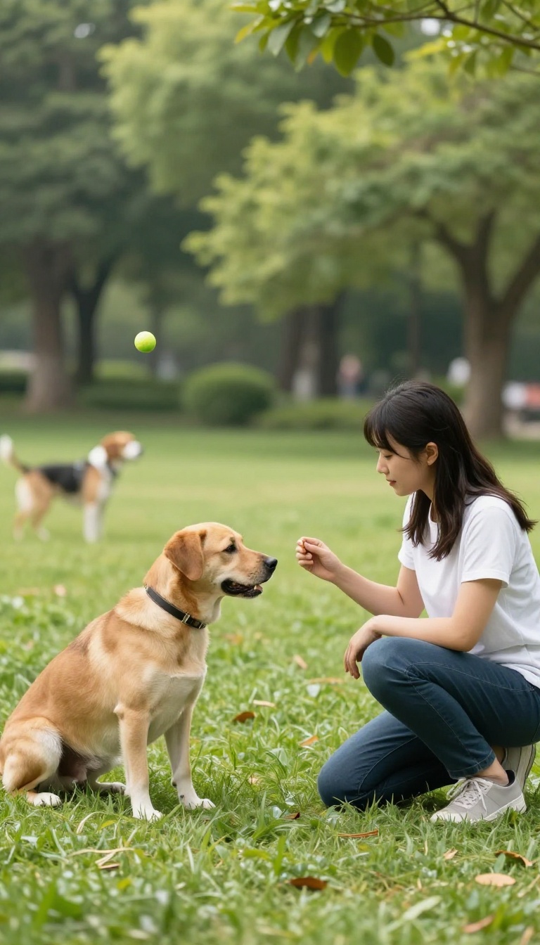 Dog owner training recall with a distraction in the background