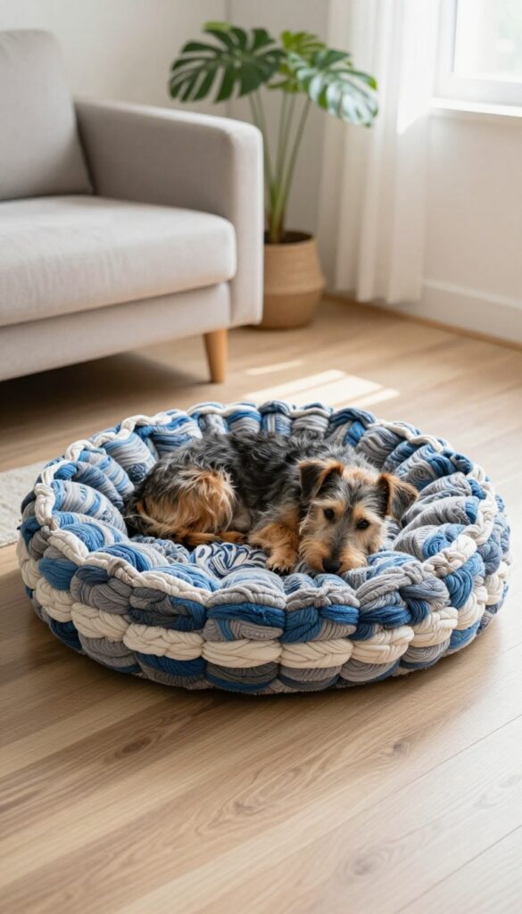 Homemade braided dog bed made from upcycled t-shirts, with a small dog sleeping on it in a bright living room.