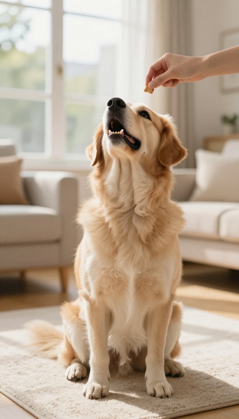 A dog performing the sit pretty trick in a bright living room, showcasing balance and focus.