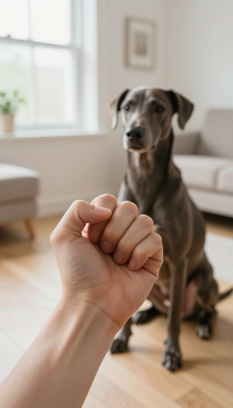 Dog owner practicing the 'leave it' command with a treat in a closed fist, dog sitting patiently in a bright living room.