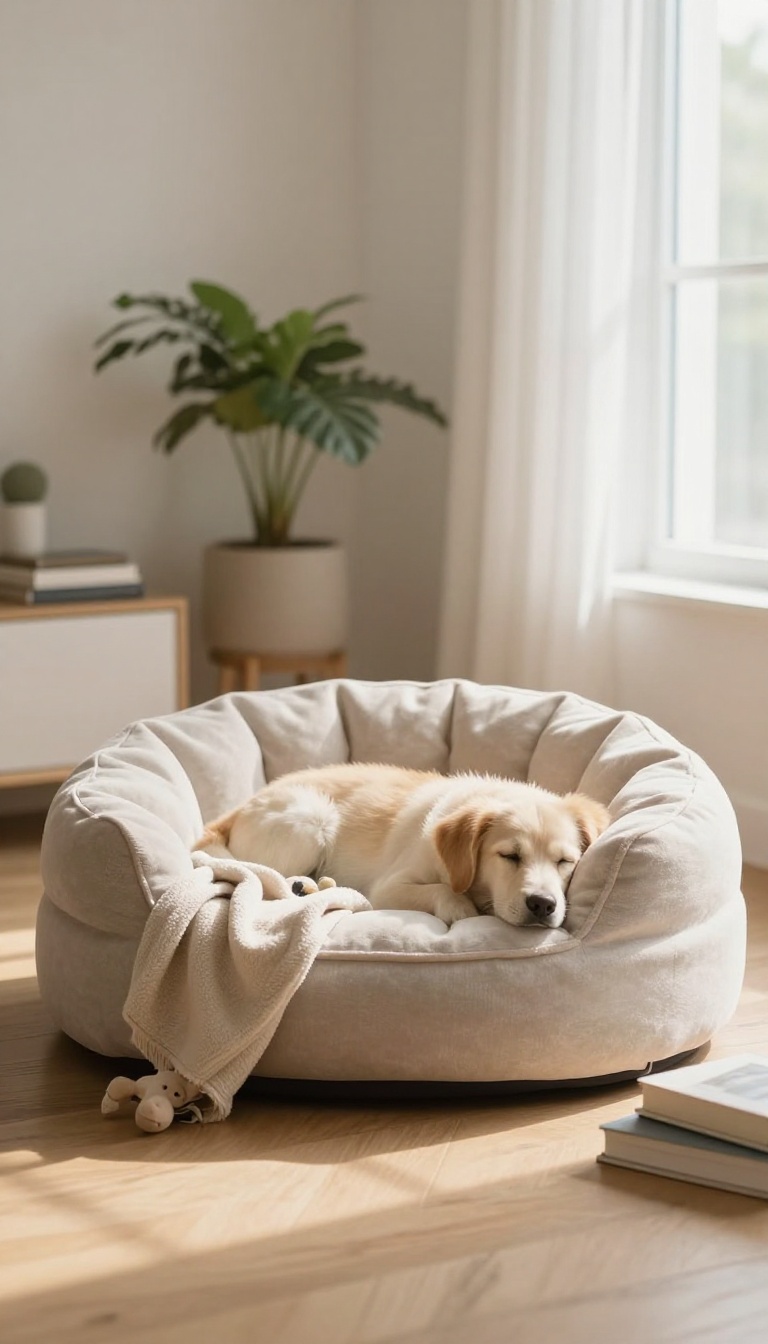 Cozy dog bed in a quiet corner with a calm dog resting, soft natural light, serene home decor