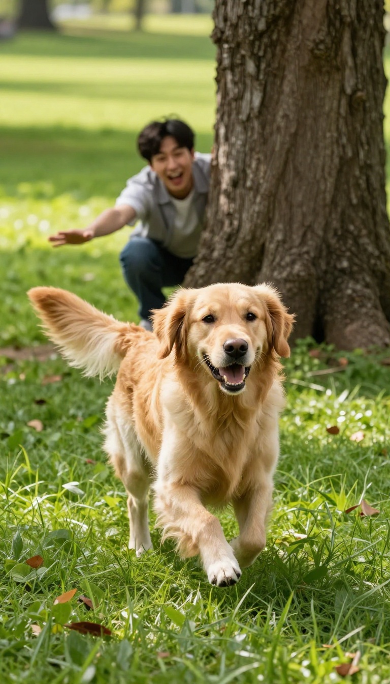 Dog running towards a person hiding behind a tree in a park during a hide-and-seek recall game