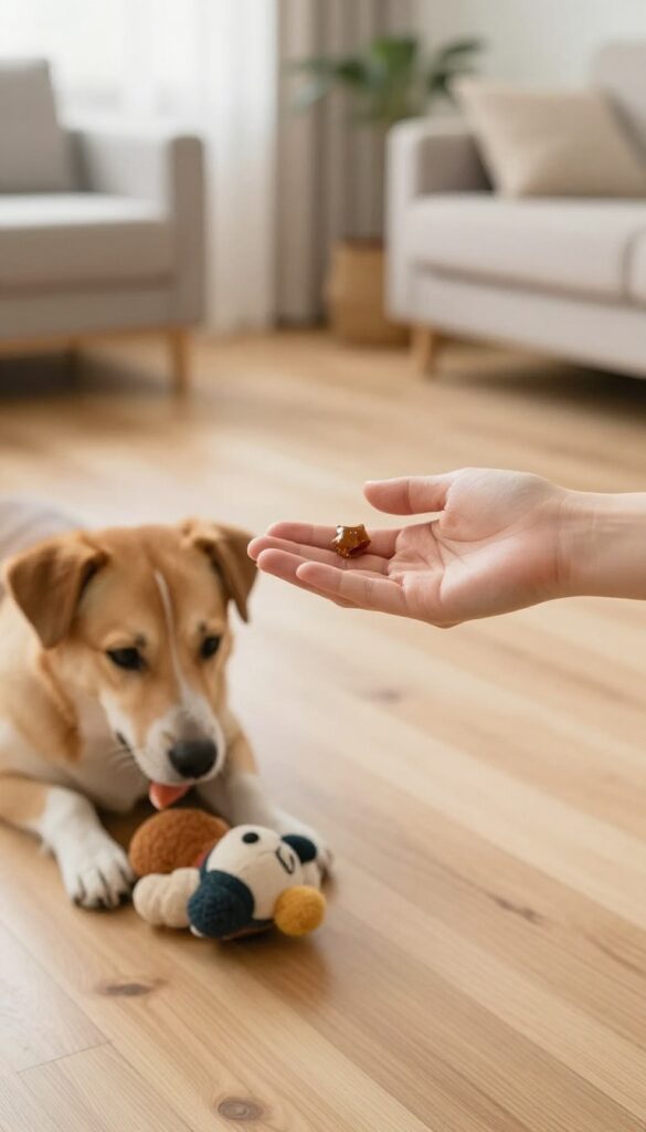 Dog exchanging a toy for a treat during a training session in a bright living room
