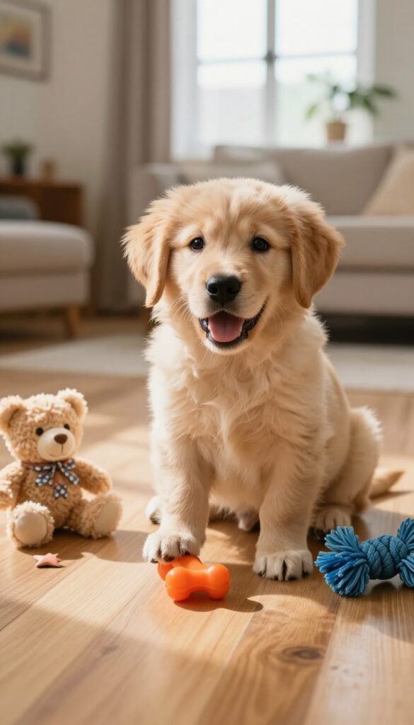 Puppy playing with a variety of toys on a sunlit floor