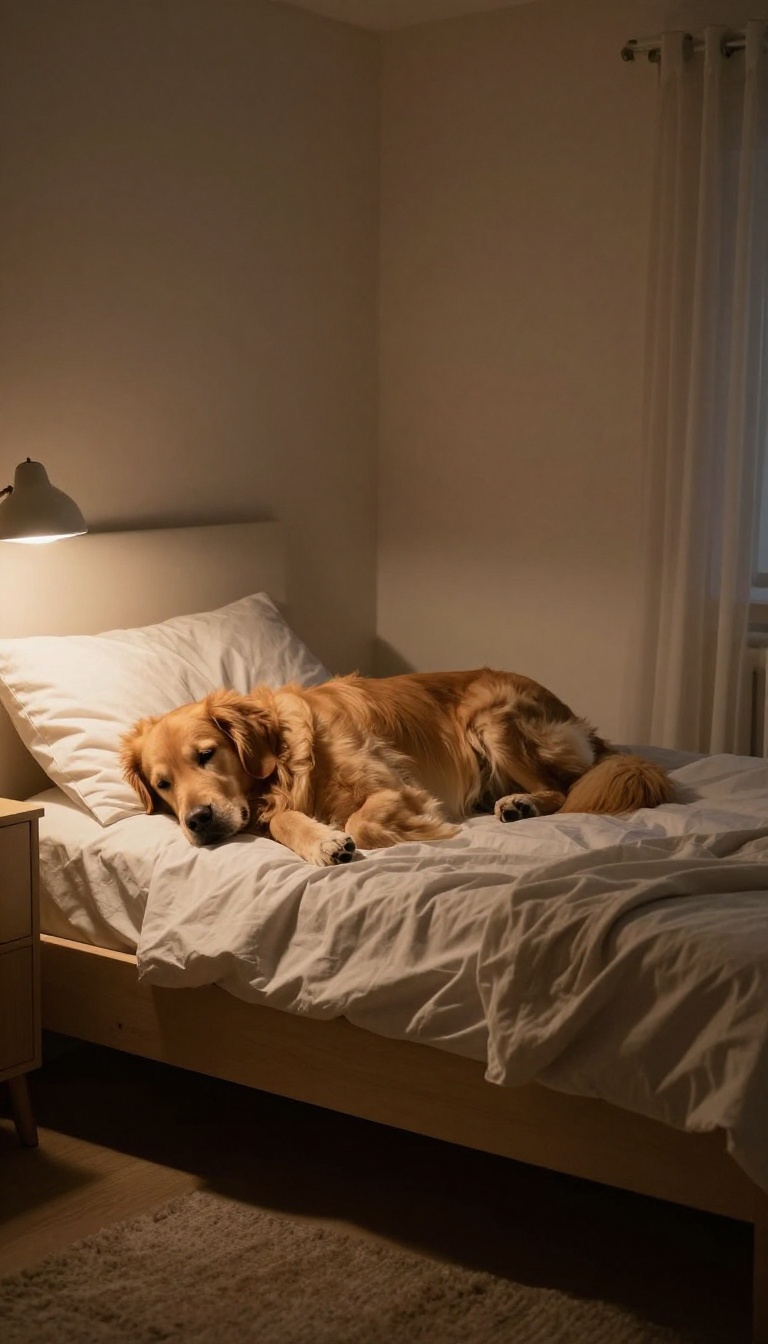 A calm dog sleeping peacefully in its bed in a dimly lit bedroom at night, representing the benefits of a consistent potty schedule for a quieter bedtime.