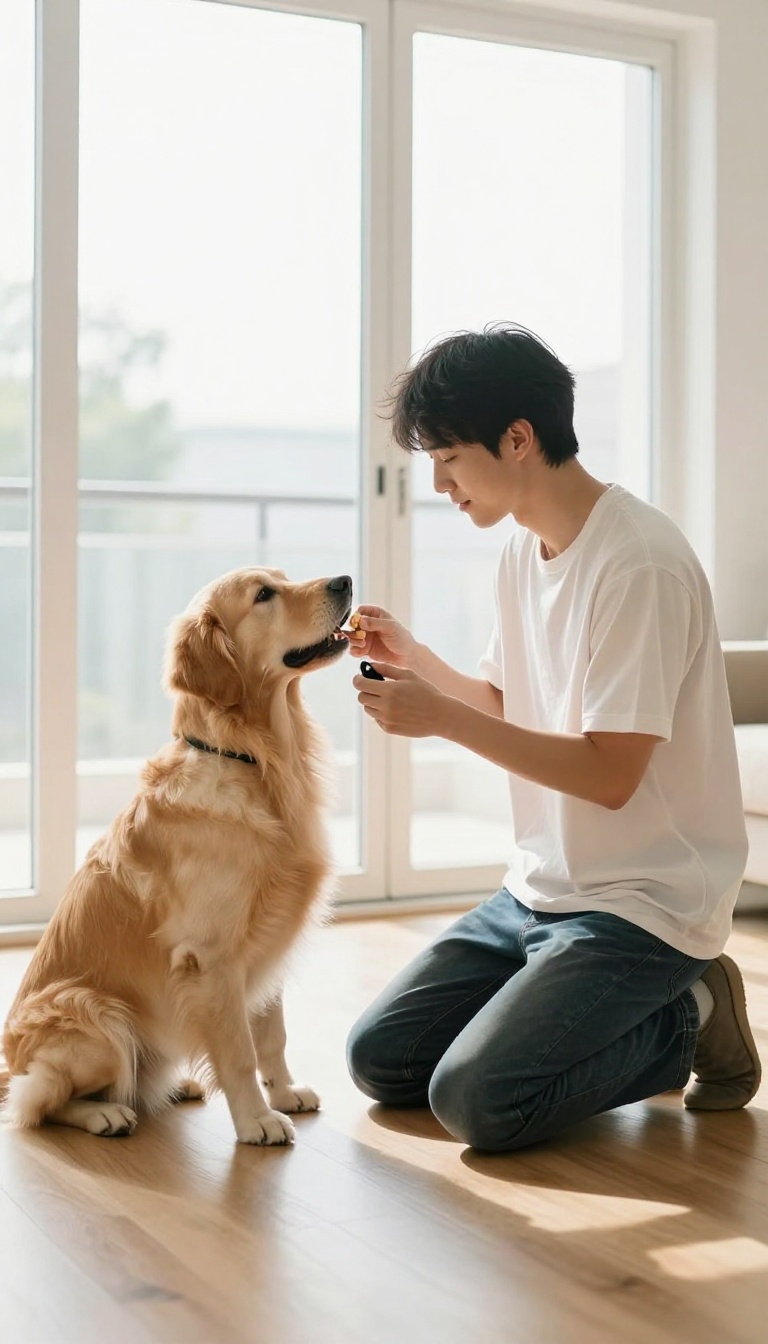 Dog owner using a clicker to train a recall command in a bright living room, dog approaching