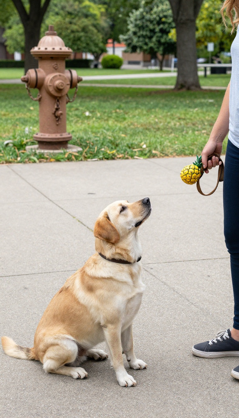 Dog sitting calmly on sidewalk with owner holding leash and ball, life rewards training moment.