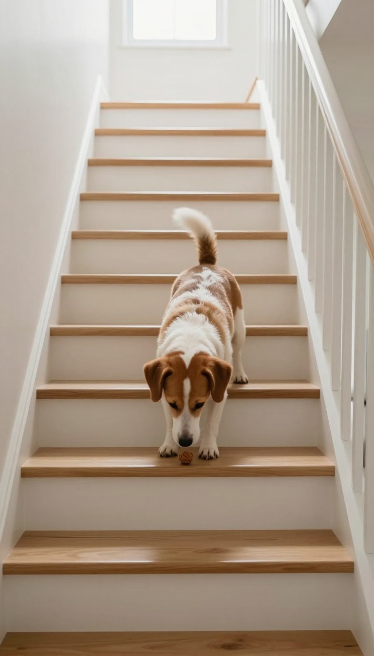 A dog searching for a treat on a staircase during a scent training game at home.