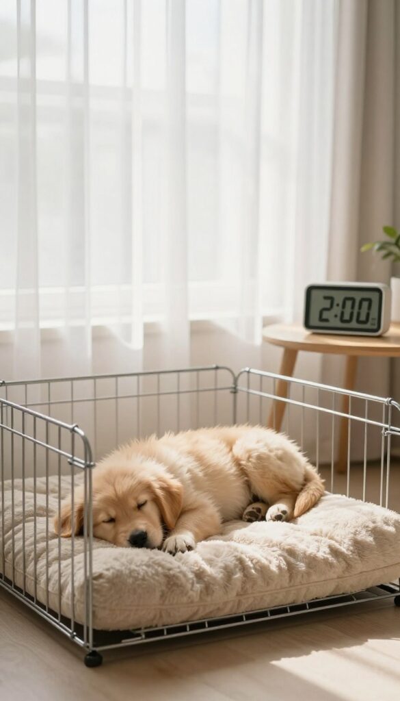 A golden retriever puppy sleeping in a wire crate in a sunlit living room, with a clock indicating a scheduled nap time.
