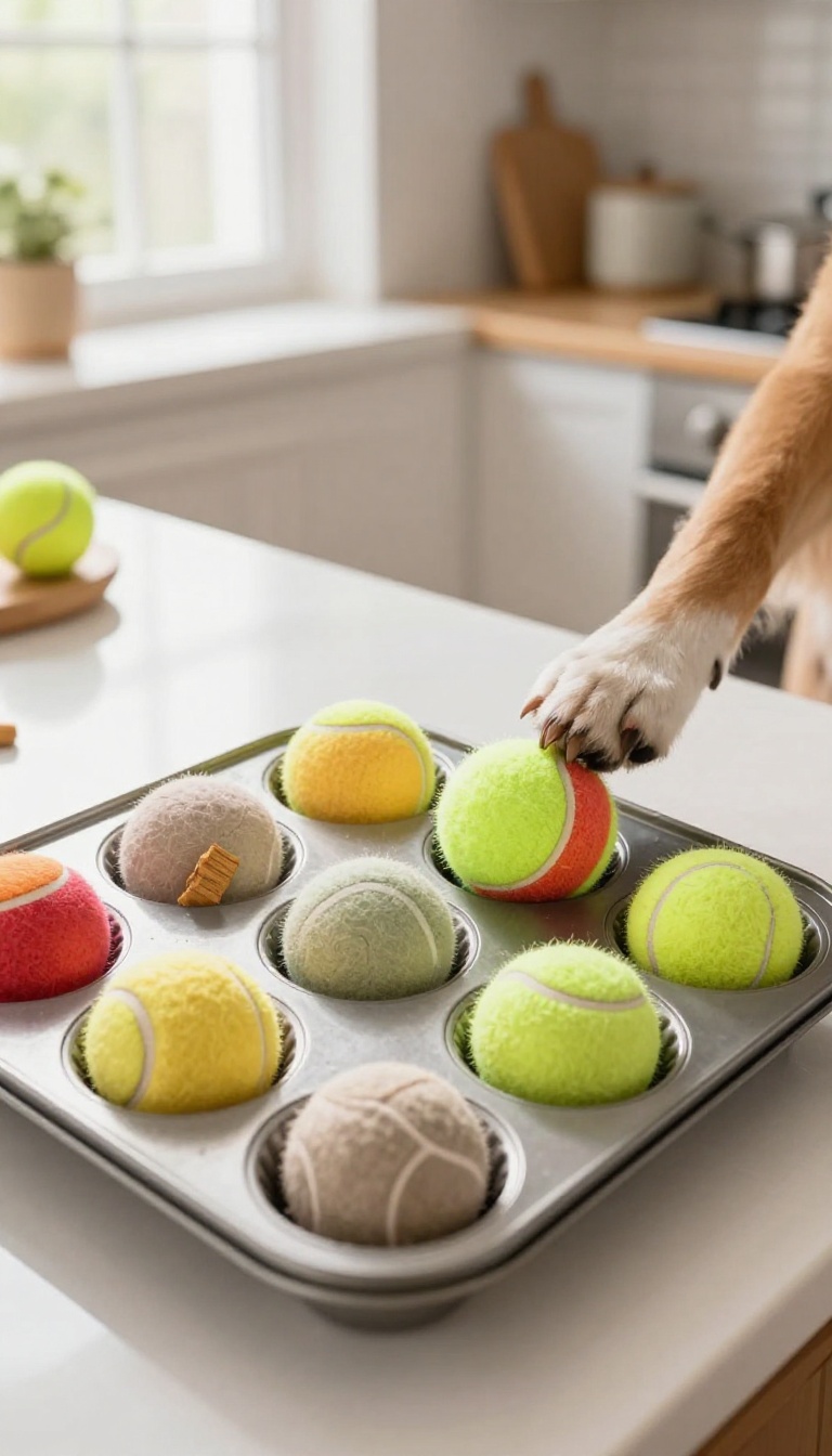 Dog playing a muffin tin puzzle game with tennis balls and treats on a kitchen counter