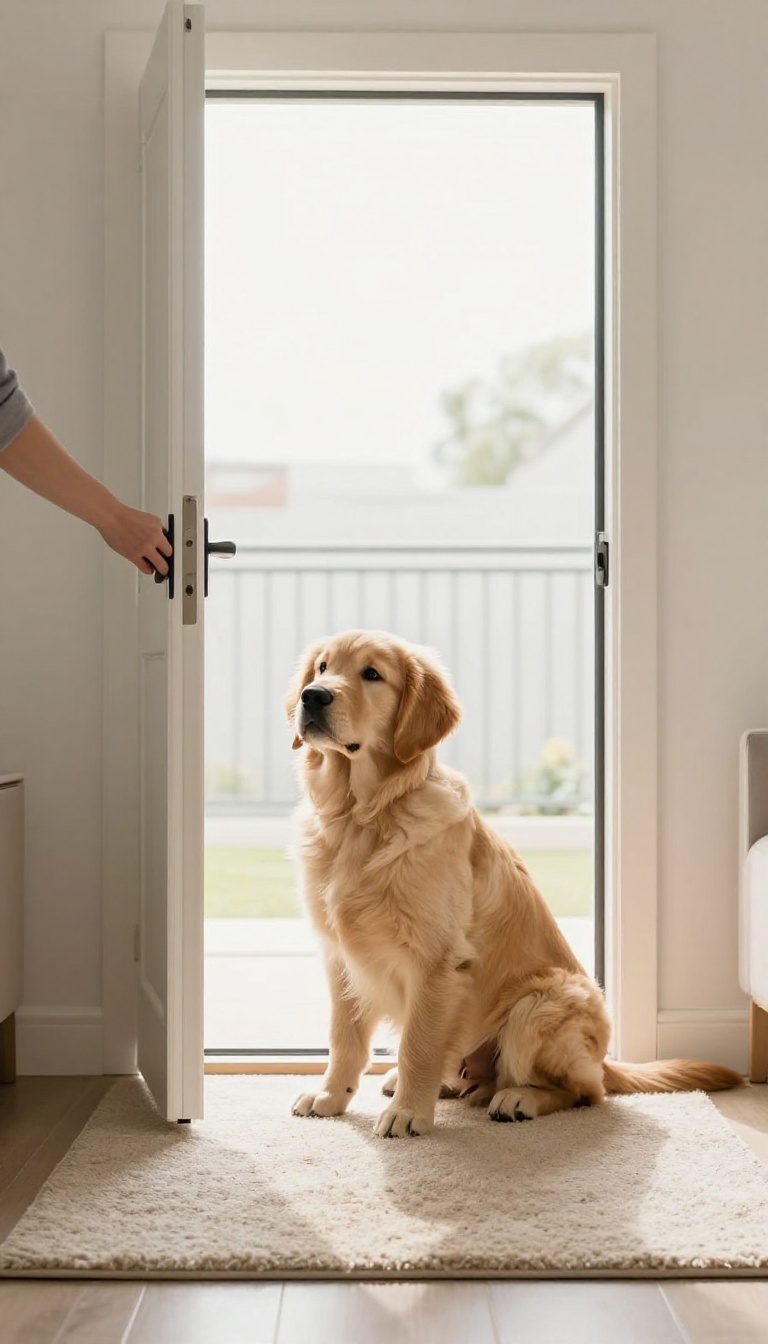 Puppy calmly waiting by the door during a short alone-time training session