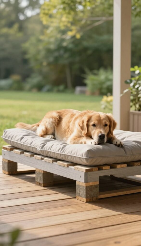 DIY pallet bed with a thick outdoor cushion on a sunny porch, with a golden retriever resting on it.