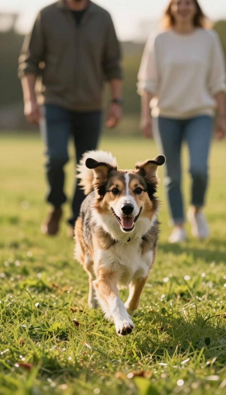 Dog running toward a person in a sunny backyard during a recall training game.