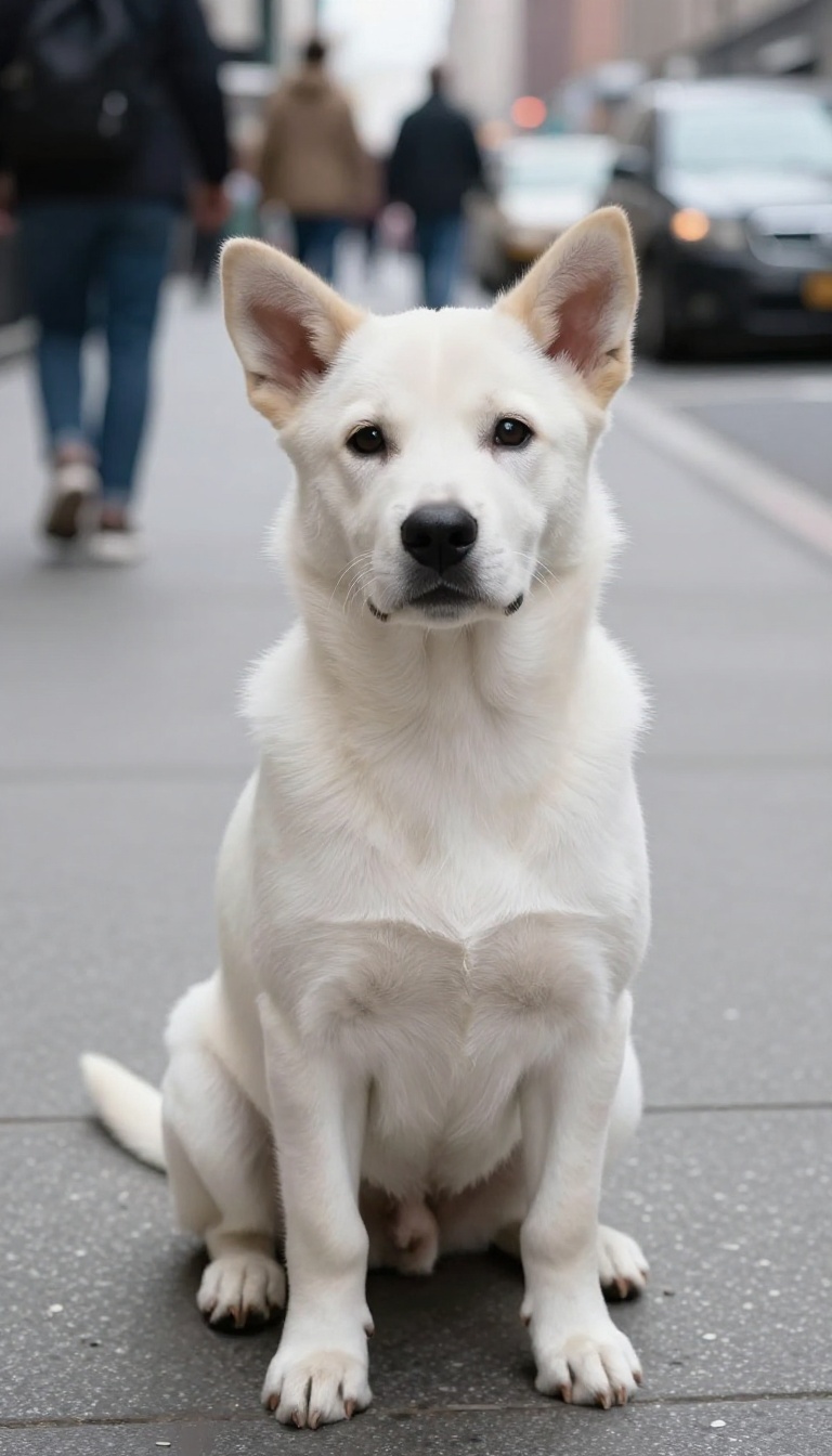 Puppy making eye contact on a busy street, demonstrating focus training