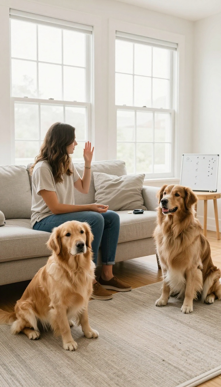 Two dogs sitting calmly on beds in a bright living room while two people give the same hand signal, illustrating consistent training rules.