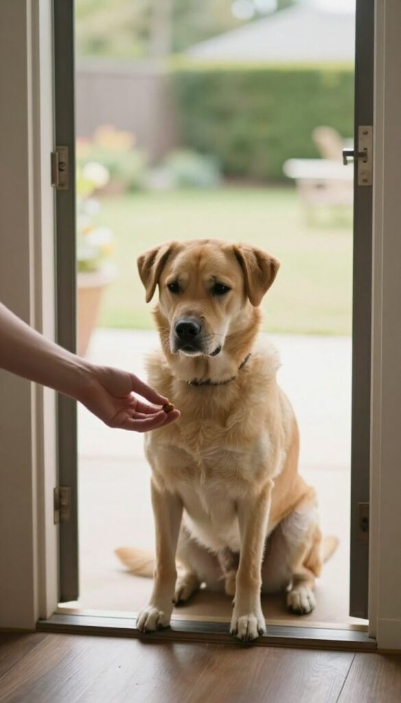Calm dog sitting by open door receiving a treat from a hand, bright natural light, photorealistic, no text.