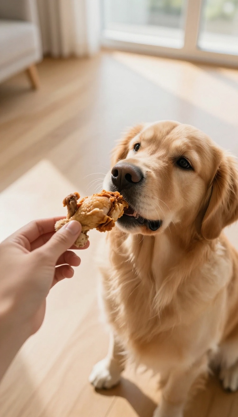 A golden retriever dropping a toy to take a treat from a hand during a training session.