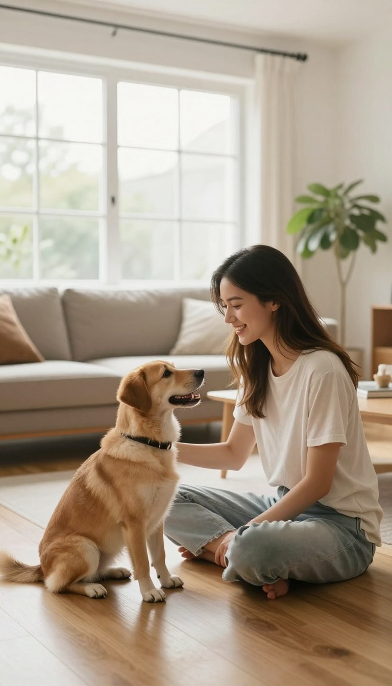 Guest ignoring an excited dog until it sits calmly on the floor