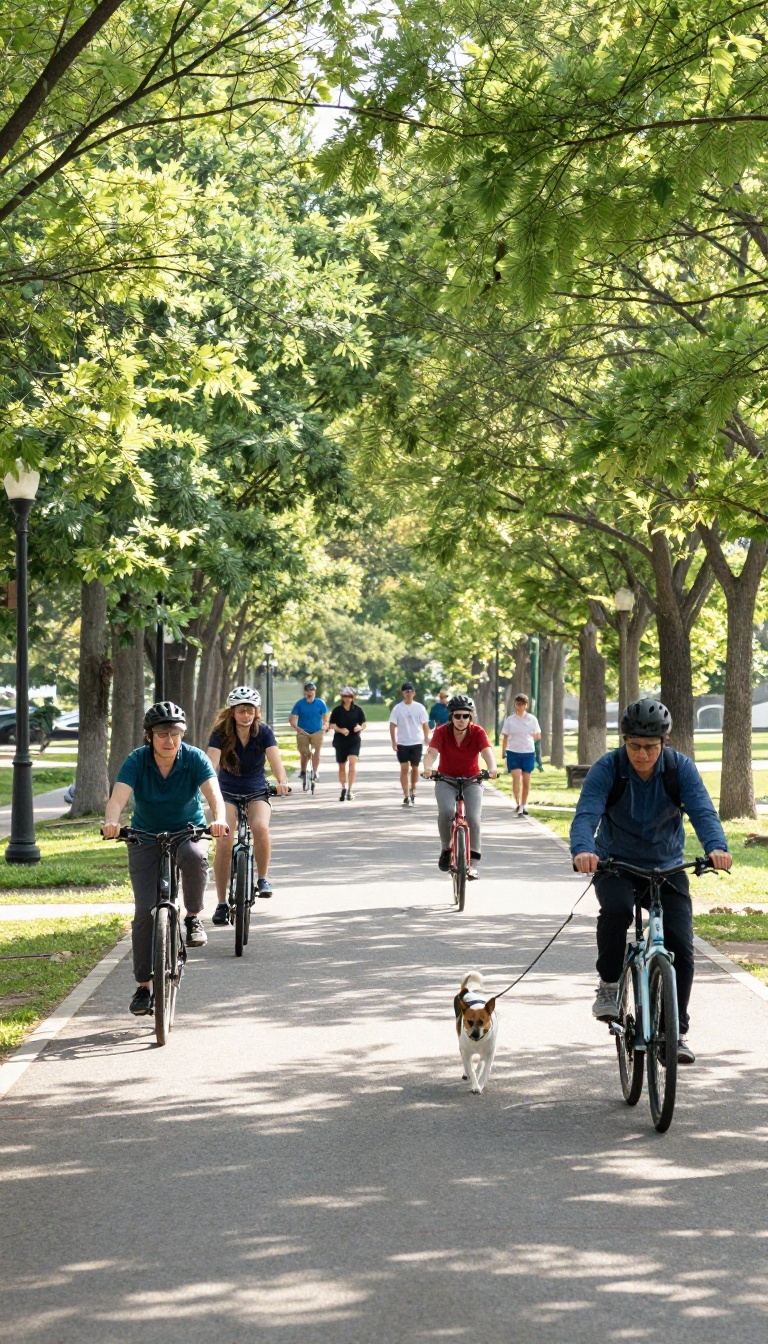 People walking, running, and cycling on a sunlit shared trail, with a walker stepping aside to let a cyclist pass.