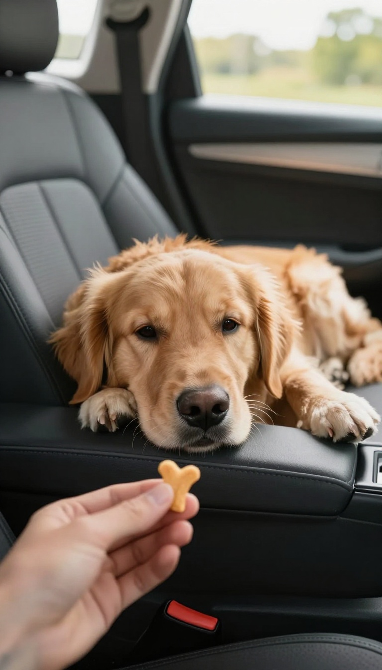 A calm dog lying in the back seat of a car, receiving a treat from the driver, illustrating rewarding calm behavior during car rides.