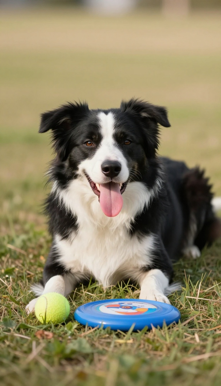 A tired but happy dog resting on grass after daytime exercise, with toys nearby.