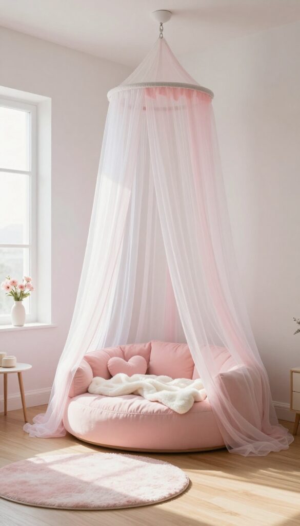 Modern round canopy hoop over a plush dog bed in a bright, princess-themed bedroom