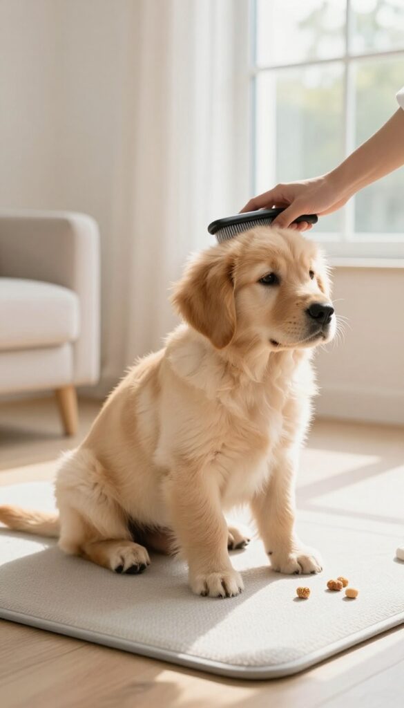 A golden retriever puppy sitting calmly while being brushed during a grooming session, with treats nearby.