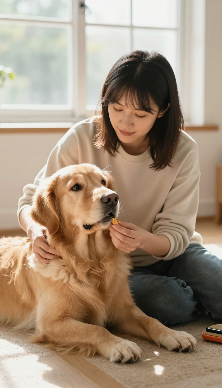 A patient dog owner and a golden retriever in a bright living room, sharing a gentle training moment with a treat, symbolizing slow and steady progress.
