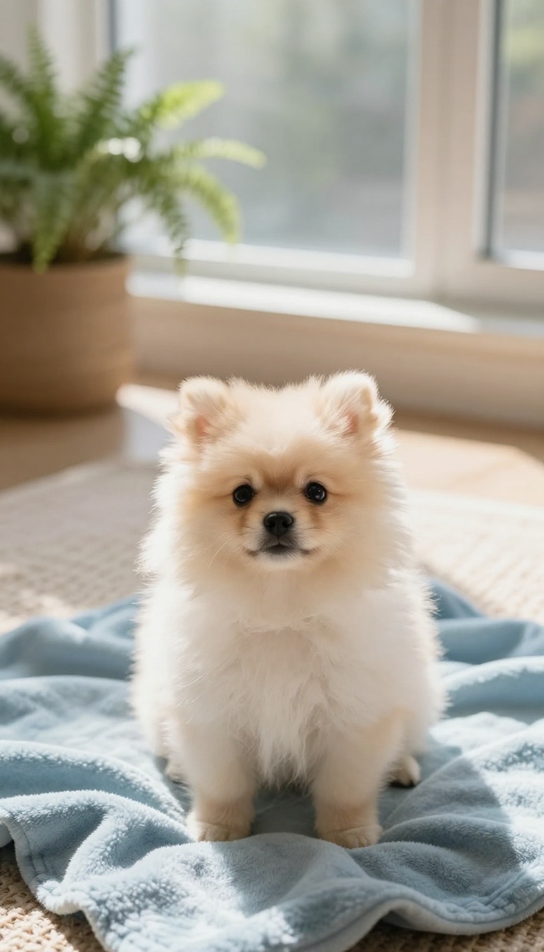 A small puppy sitting calmly on a blanket in a bright, cozy room, representing positive socialization.