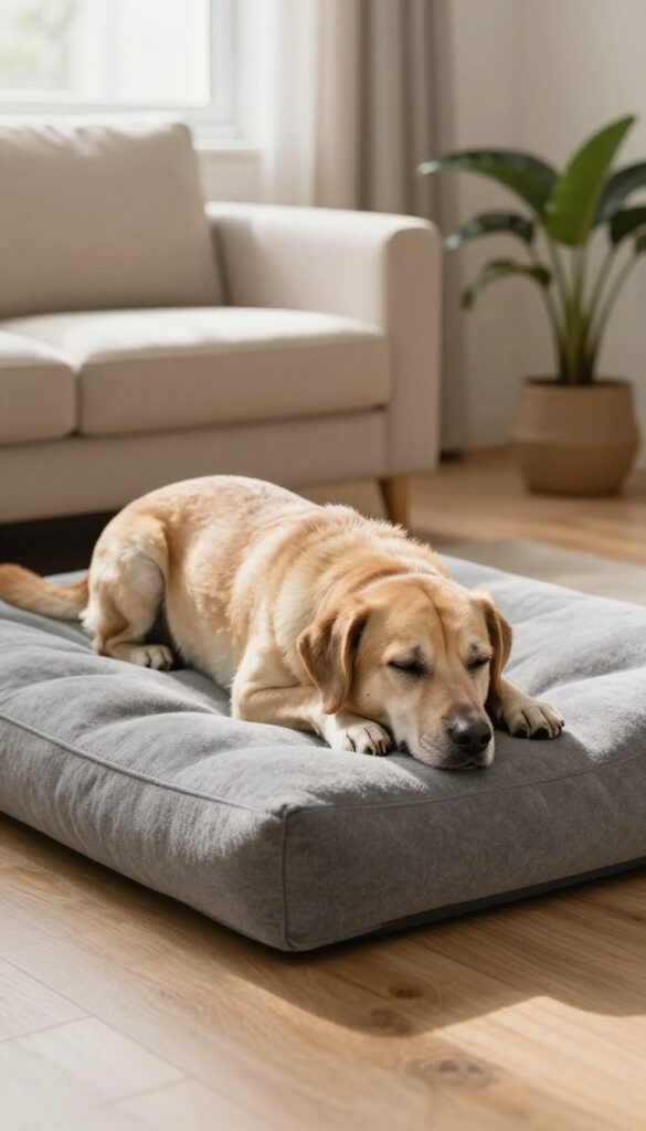 Senior dog resting on an extra-thick memory foam bed in a bright, cozy living room