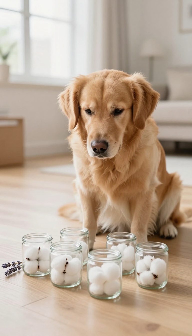 Golden retriever playing a scent discrimination game with jars of cotton balls indoors