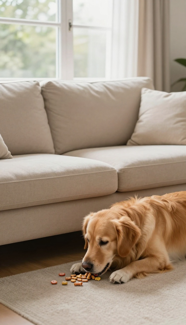 Golden retriever searching for treats in a bright living room during a scavenger hunt game.