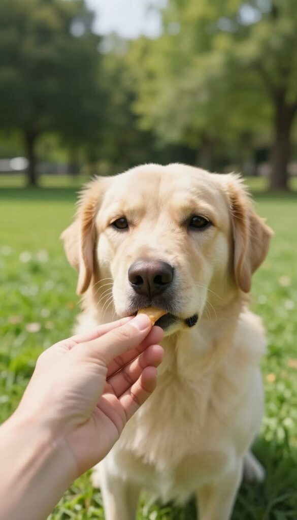 Person holding a treat to a dog's eye level during a 'look at me' training exercise in a sunny park
