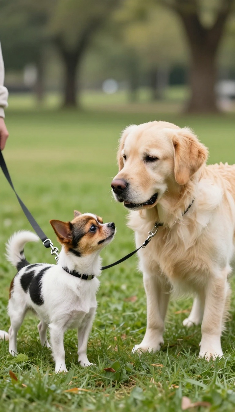 Small dog and large dog meeting calmly on leashes in a sunny park
