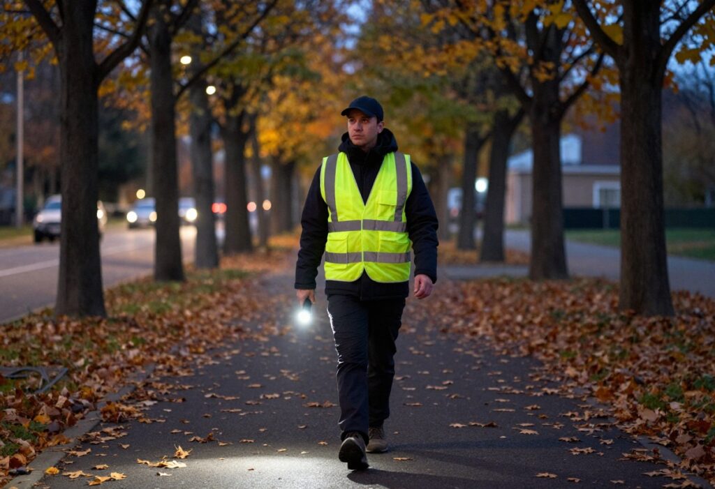 Person walking safely at dusk wearing reflective gear and carrying a flashlight