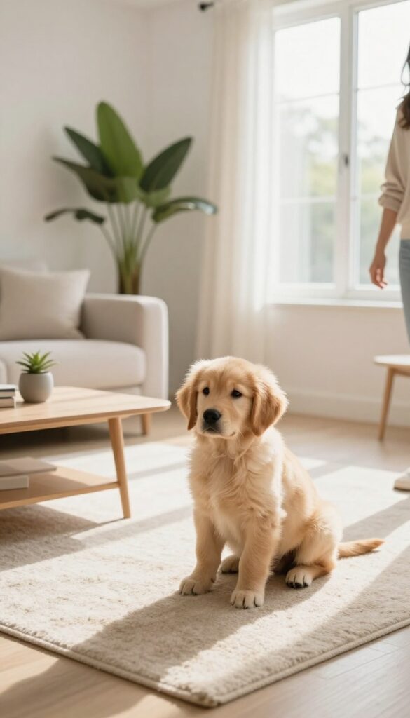 Puppy holding a stay while a person walks around it in a bright living room