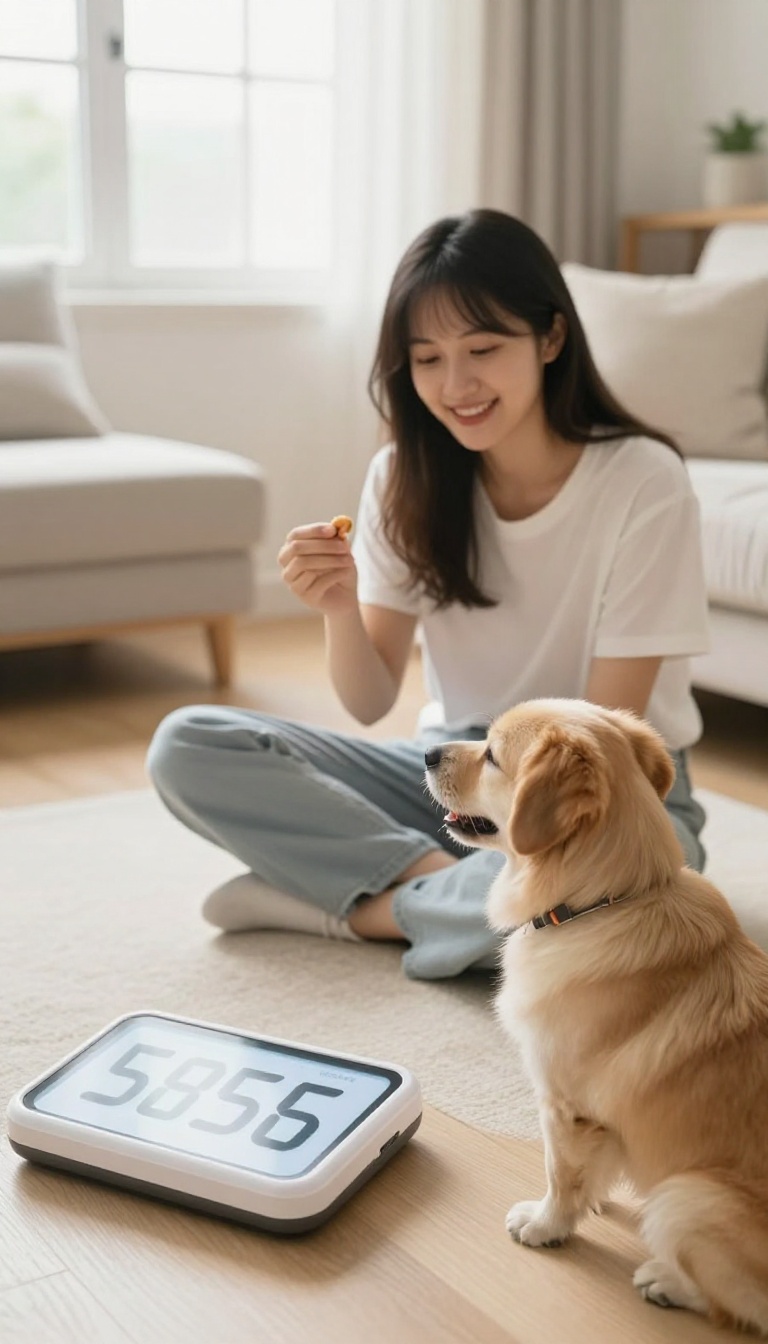 Person training a dog with a treat in a bright living room, with a timer indicating a short session.