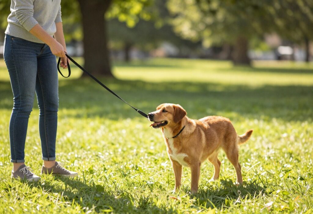 Dog and owner playing an outdoor training game in a park