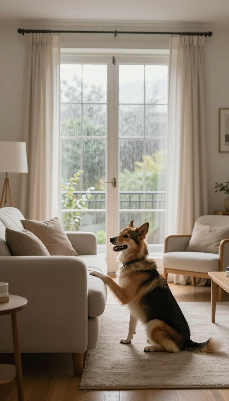 A dog playing hide and seek indoors, peeking around a sofa corner