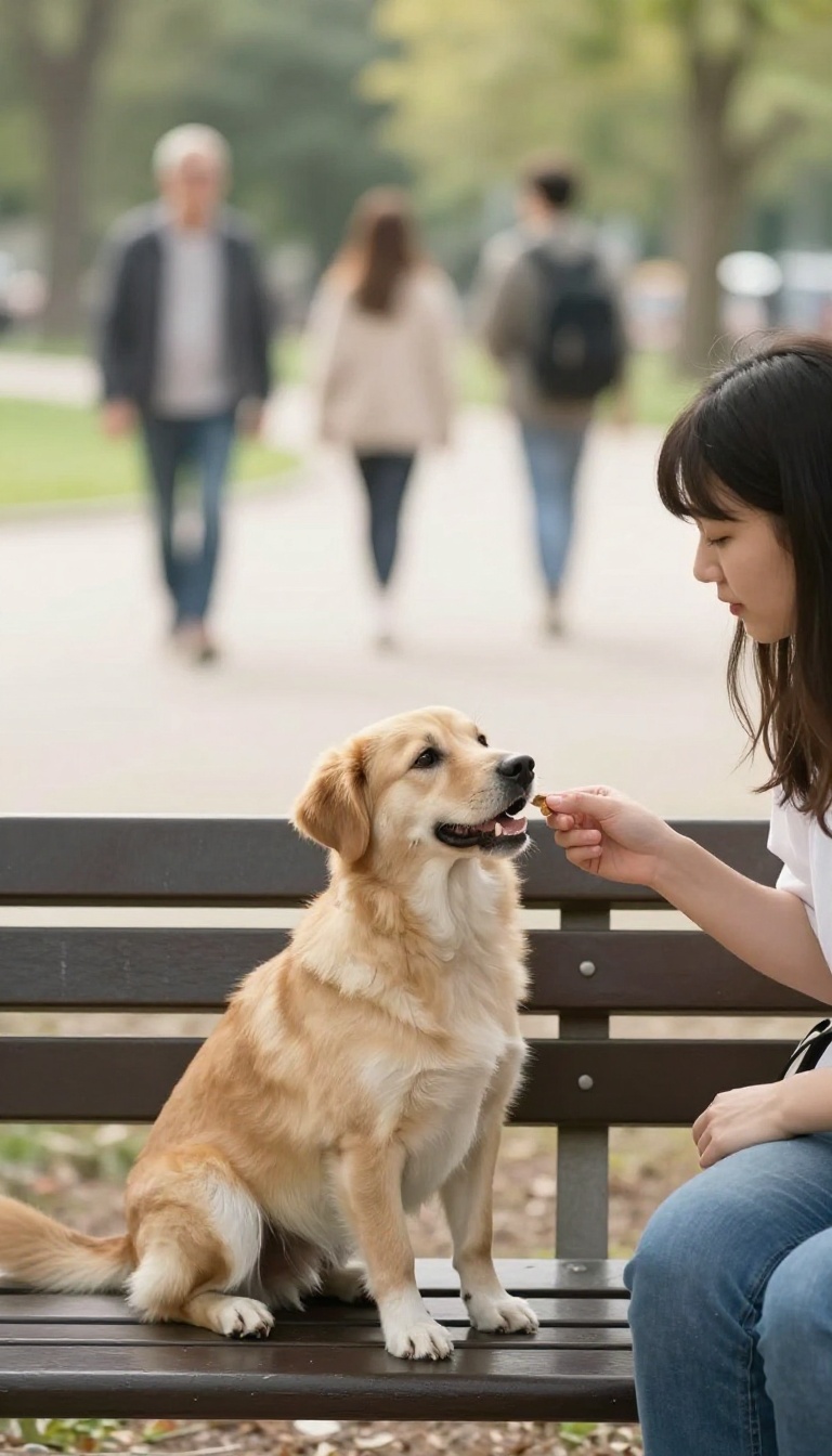 A dog calmly watching passersby from a park bench while its owner gives it a treat, illustrating confidence-building through new experiences.