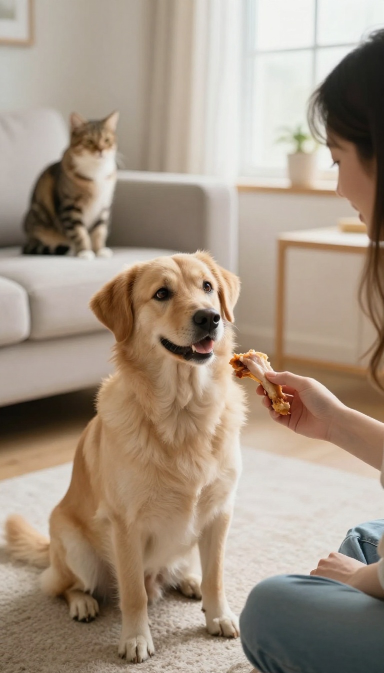 Dog calmly looking at a treat while a cat sits in the background during a counter-conditioning training session.