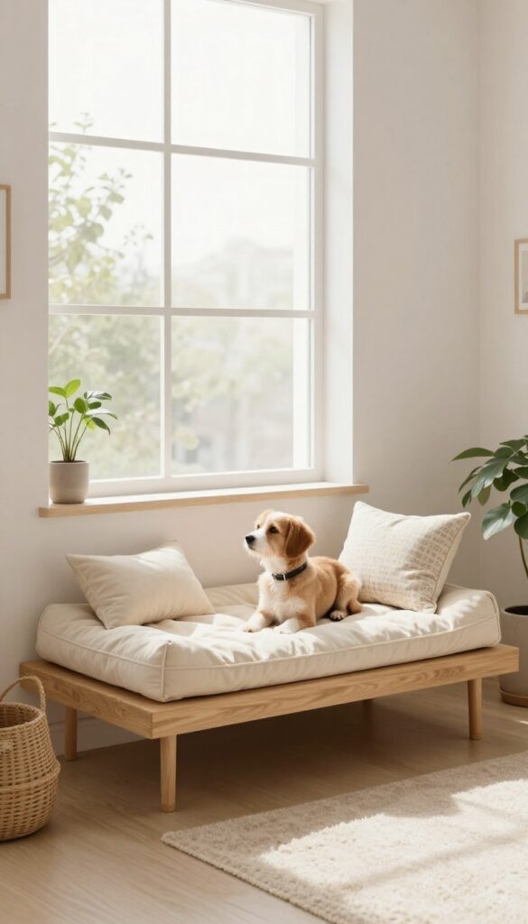 A dog resting on a floating window seat bed with a plush cushion, styled with a throw pillow and plant, in a bright living room.