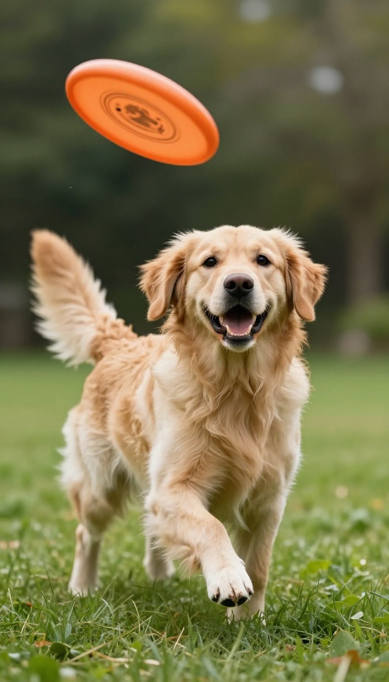 Golden retriever jumping to catch a frisbee in a sunny backyard
